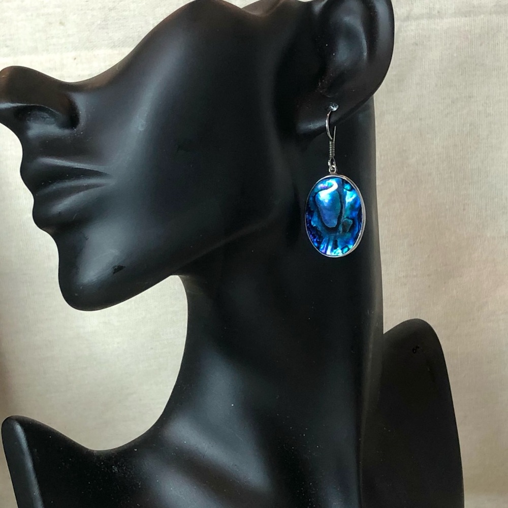 CHARLES ALBERT Fine Sterling Silver Blue Abalone Cabochon French Wire Earrings